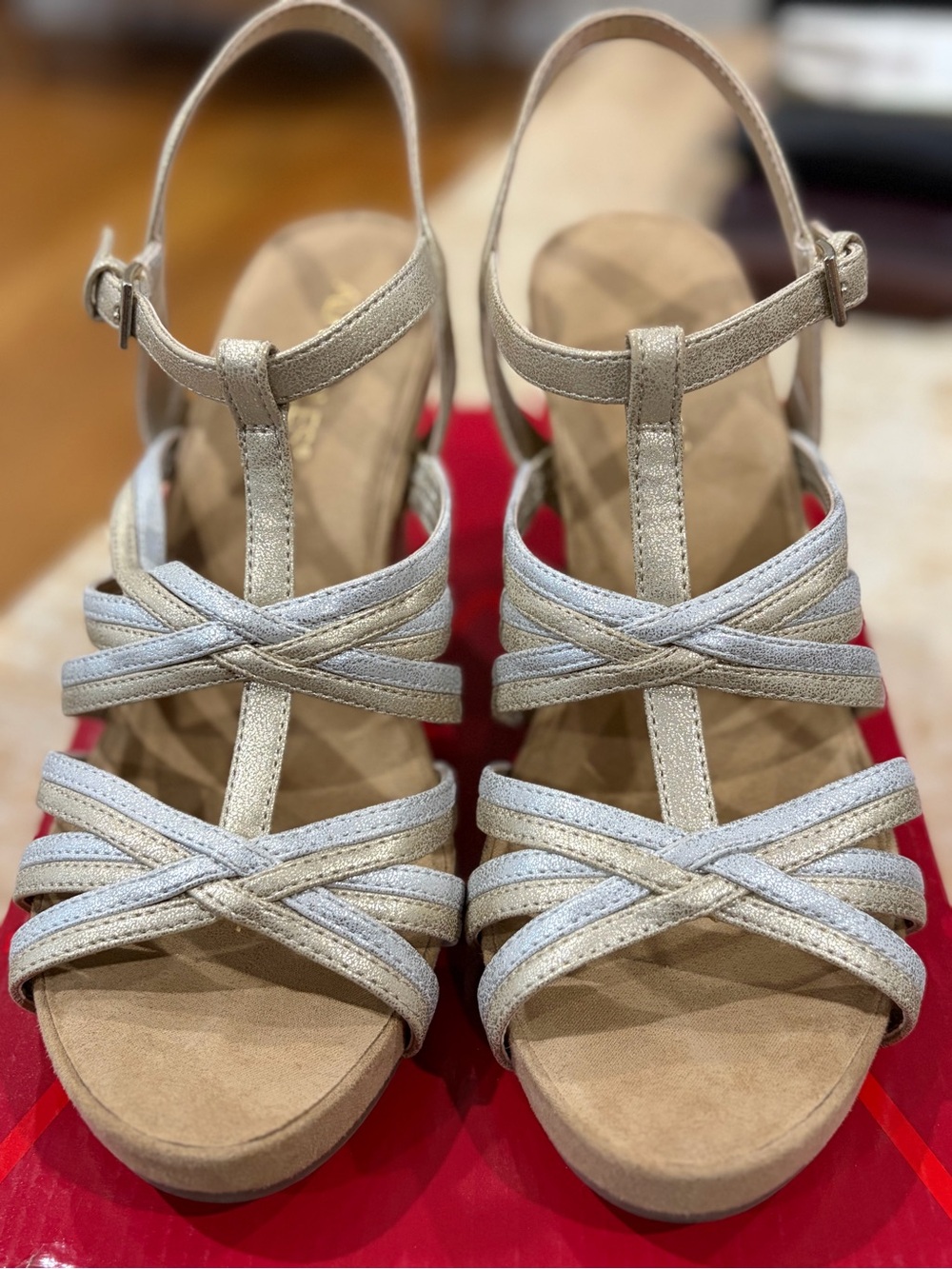 AEROSOLES Silver T-Strap Crisscross Platform Sandals